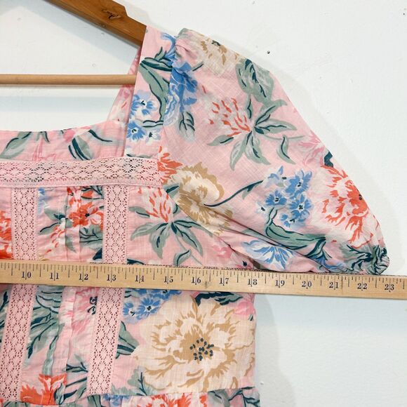 Loft 100% Cotton Pink Floral Peplum Lace Puff Sleeve Top Size XS Cottagecore - Picture 9 of 13